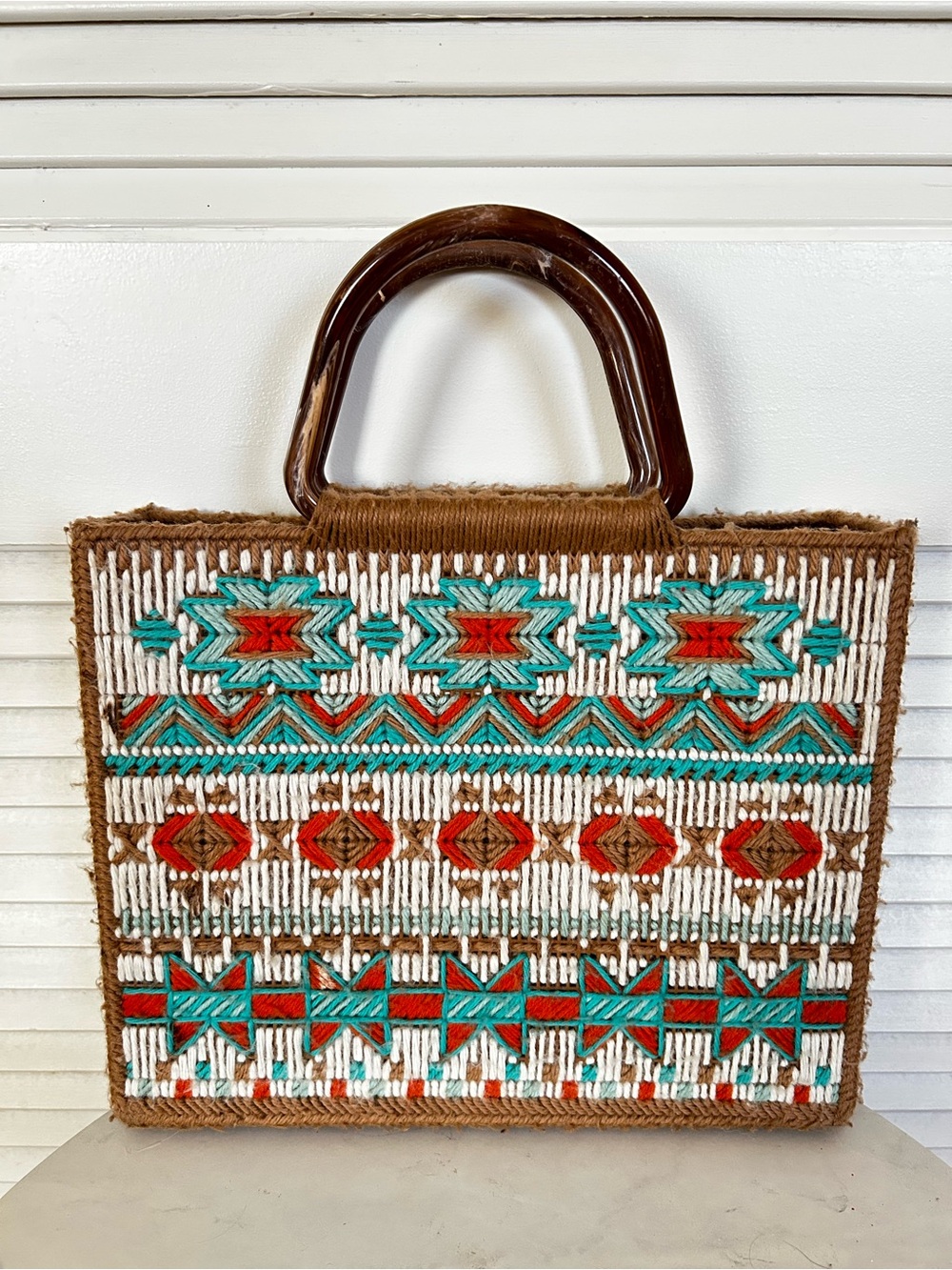 Vintage Handmade Needlepoint Stitch Southwest Desert Cactus Box Tote Bag